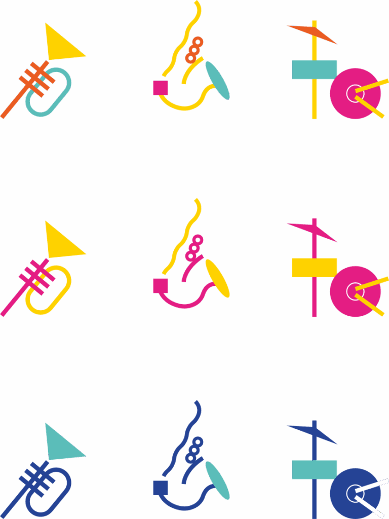Pictoframmes représentant une trompette, un saxophone et une batterie